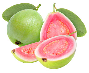 Pink guava fruit with leaf  on white background, Fresh Pink guava on White PNG file.