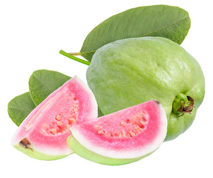 Pink guava fruit with leaf  on white background, Fresh Pink guava on White PNG file.