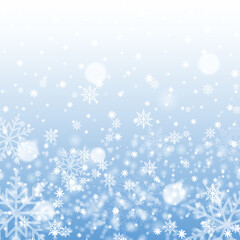 Christmas and Happy New Year background with falling snowflakes on blue sky. Vector