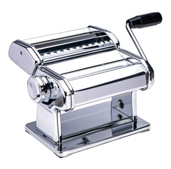 Shiny Metal pasta rolling machine isolated on white Background PNG File.