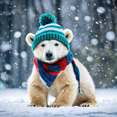 Cute polar bear cub in the snow with a scarf and a knit hat, wool hat