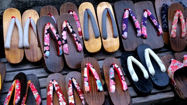 Geta traditional Japanese wooden footwear in store. 