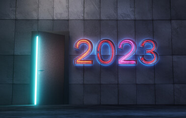A slightly opened door with blueish light blooming and a neon sign of 2023 next to it, concrete wall background. 