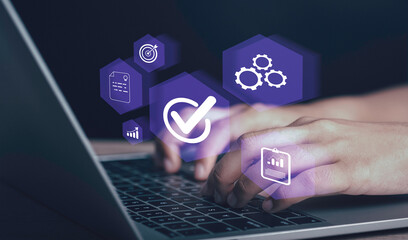 Guarantee and certification of standard of company product concept. Standard quality control certification assurance, Businessman working with checked  icon best product and service warranty.