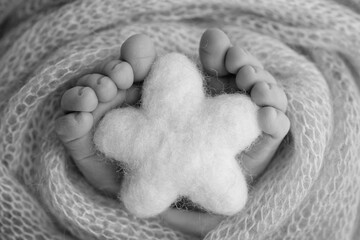 Knitted star in the legs of a baby. Soft feet of a new born in a wool blanket. Close-up of toes, heels and feet of a newborn. Macro black and white photography the tiny foot of a newborn baby. 