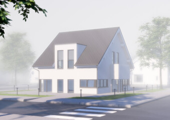 3D RENDERING OF FOGGY MODERN HOUSE WITH TREES IN COLOUR