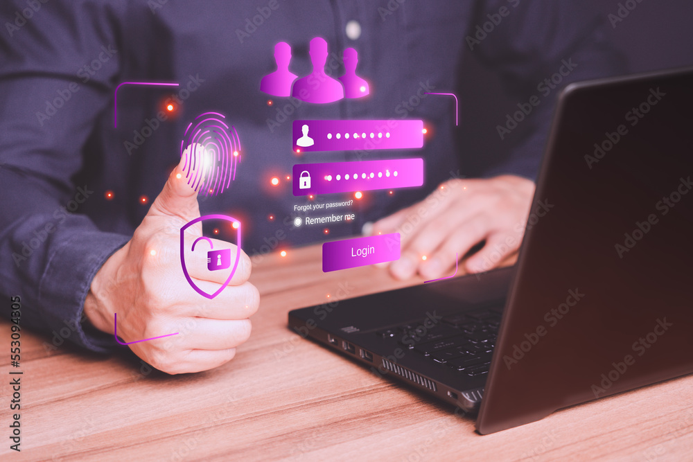 Poster Man protecting personal data on a computer laptop and virtual interface. Cyber security concept to protect data. Secure encryption and access to the user's private information to access the internet.