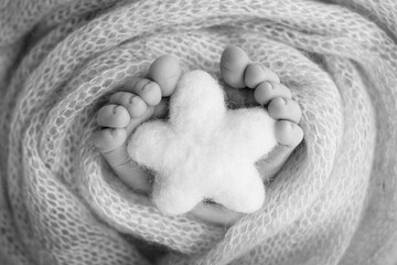 Knitted star in the legs of a baby. Soft feet of a new born in a wool blanket. Close-up of toes, heels and feet of a newborn. Macro black and white photography the tiny foot of a newborn baby. 