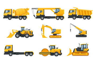 Set of industrial heavy machinery transportation isolated on white background