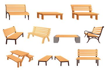 Set of wooden bench with steel wood or concrete legs outdoor park furniture vector illustration isolated on white background