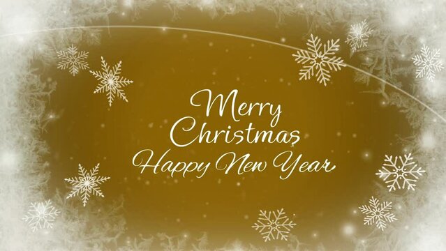 Animation text marry Christmas HAPPY NEW YEAR with white snowflakes sparkle and yellow background.