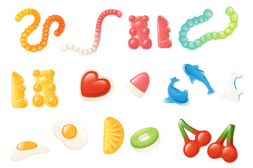 Set of colored jelly gummy candy worm bear heart cherry vector illustration isolated on white background