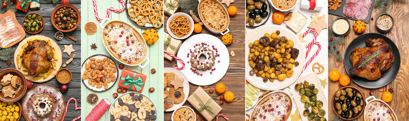 Collage of tasty dishes for Christmas dinner, top view