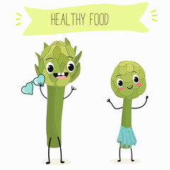 Obraz premium Illustration with funny artichoke character. Funny and healthy food. Vitamins contained in the artichoke. Food with a cute face. Vector cartoon.