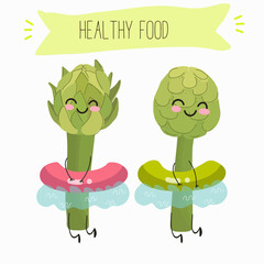 Illustration with funny artichoke character. Funny and healthy food. Vitamins contained in the artichoke. Food with a cute face. Vector cartoon.