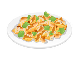 Ready for eat dish italian pasta Conchiglie cuisine staples with meat broccoli and sauce vector illustration on white background