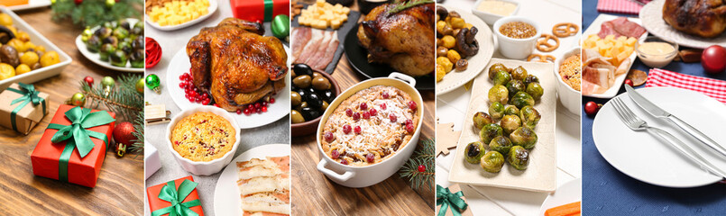 Set of tasty dishes and Christmas gift on dining table