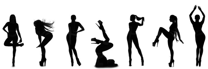 Collection of female strip plastic dancer's silhouettes on white background