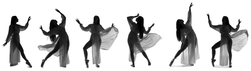 Collection of young ballerina's silhouettes on white background - obrazy, fototapety, plakaty