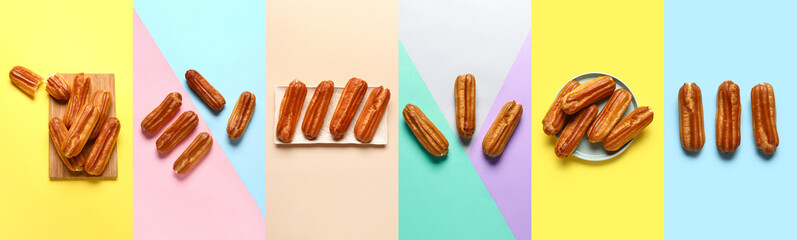 Collage of tasty eclairs on color background, top view