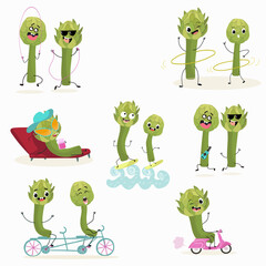 Obraz premium Illustration with funny artichoke character. Funny and healthy food. Vitamins contained in the artichoke. Food with a cute face. Vector cartoon.