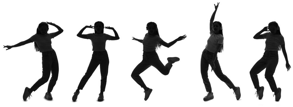 Collection of female hip-hop dancer's silhouettes on white background
