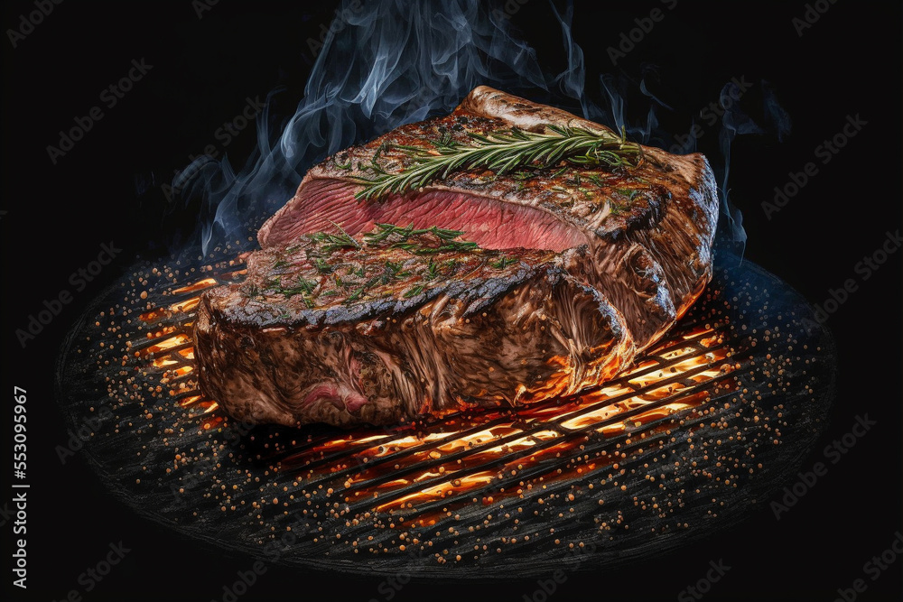 Wall mural Thick prime cut steak cooked to a perfect medium-rare for a huge meat dinner. Created with generative AI. 