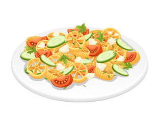 Ready for eat dish italian pasta rotelle cuisine staples with tomato cucumber and feta cheese vector illustration on white background