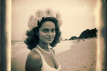 Vintage photo of beautiful Polynesian woman on a tropical Tahiti island beach. Created with generative AI.  - obrazy, fototapety, plakaty