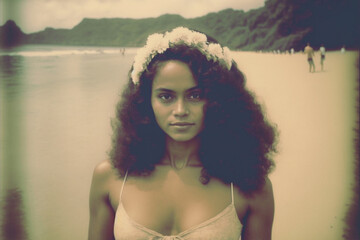 Vintage photo of beautiful Polynesian woman on a tropical Tahiti island beach. Created with generative AI.  - obrazy, fototapety, plakaty