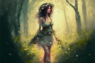 Obraz na płótnie Canvas Painting of ethereal woman in a forest wearing a floral crown. Created with generative AI. 