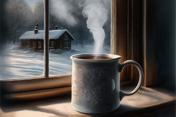 cup of hot coffee next to a window with a snow covered winter scene in the background.
