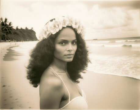 Vintage photo of beautiful Polynesian woman on a tropical Tahiti island beach. Created with generative AI. 