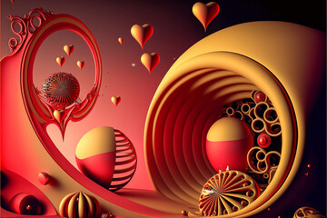 Valentines day colorful red background with floating hearts and a circus like atmosphere. Created with generative AI