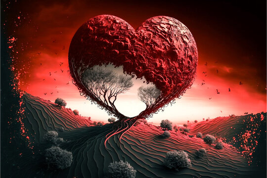 Giant ethereal heart in red fantasy land at the end of a trail. Valentine's Day detailed landscape theme created with generative AI. 