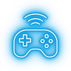 Neon blue game controller icon, bluetooth console controller on transparent background