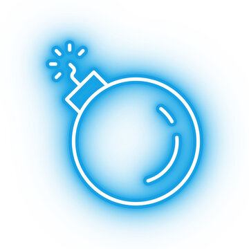 Neon blue bomb icon, glowing ticking explosive on transparent background