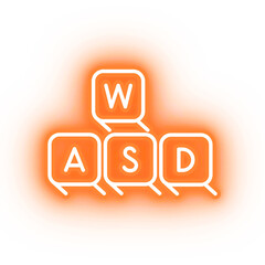 Neon orange wasd keys icon, computer keyboard on transparent background
