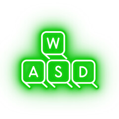 Neon green wasd keys icon, computer keyboard on transparent background