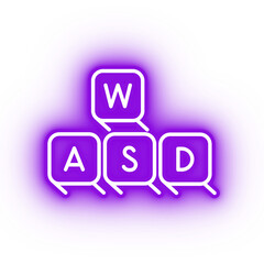 Neon purple wasd keys icon, computer keyboard on transparent background