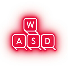 Neon red wasd keys icon, computer keyboard on transparent background