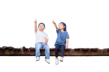 Children sitting on wooden bridge, Happy kids boy and girl having fun outdoor, brother and sister playing outdoors