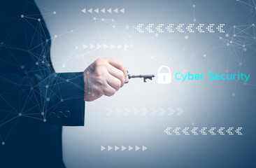Businessman touching a key to open cyber security online safety The concept of setting up an organization's security system. Hackers break into corporate systems