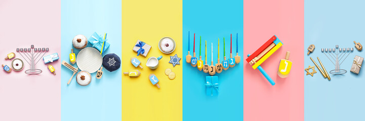 Collage with different symbols of Hannukah and gifts on color background, flat lay