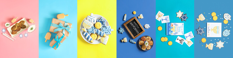 Collage with different symbols of Hannukah and gifts on color background, top view
