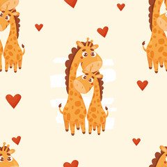 Seamless pattern with cute giraffes. Mom gently hugs baby giraffe on light yellow background with hearts. Vector illustration with animals family for decor, design, print, wallpaper, kids collection