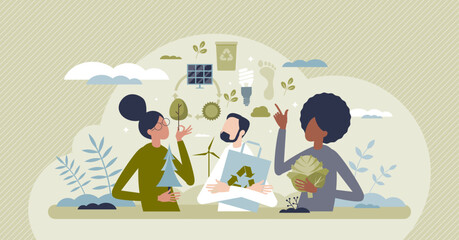 Sustainable eco community and nature friendly society tiny person concept. Green and sustainable lifestyle with environmental principles vector illustration. Recycle and use clean alternative energy.