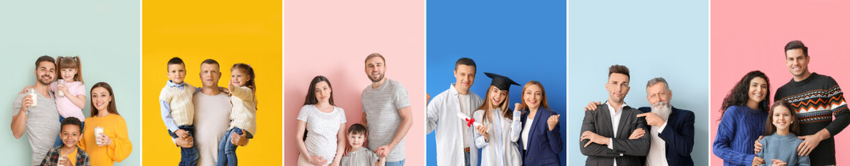 Collage of happy big families on color background