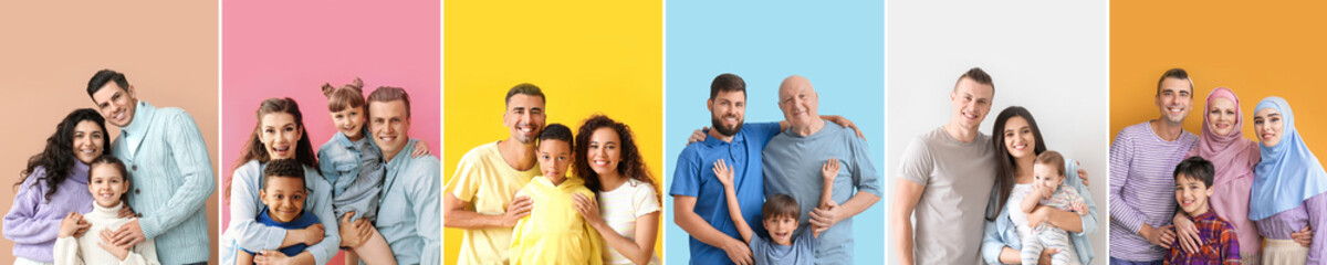 Set of happy big families on color background