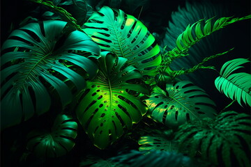 Nature fluorescent color background made of green tropical leavs.